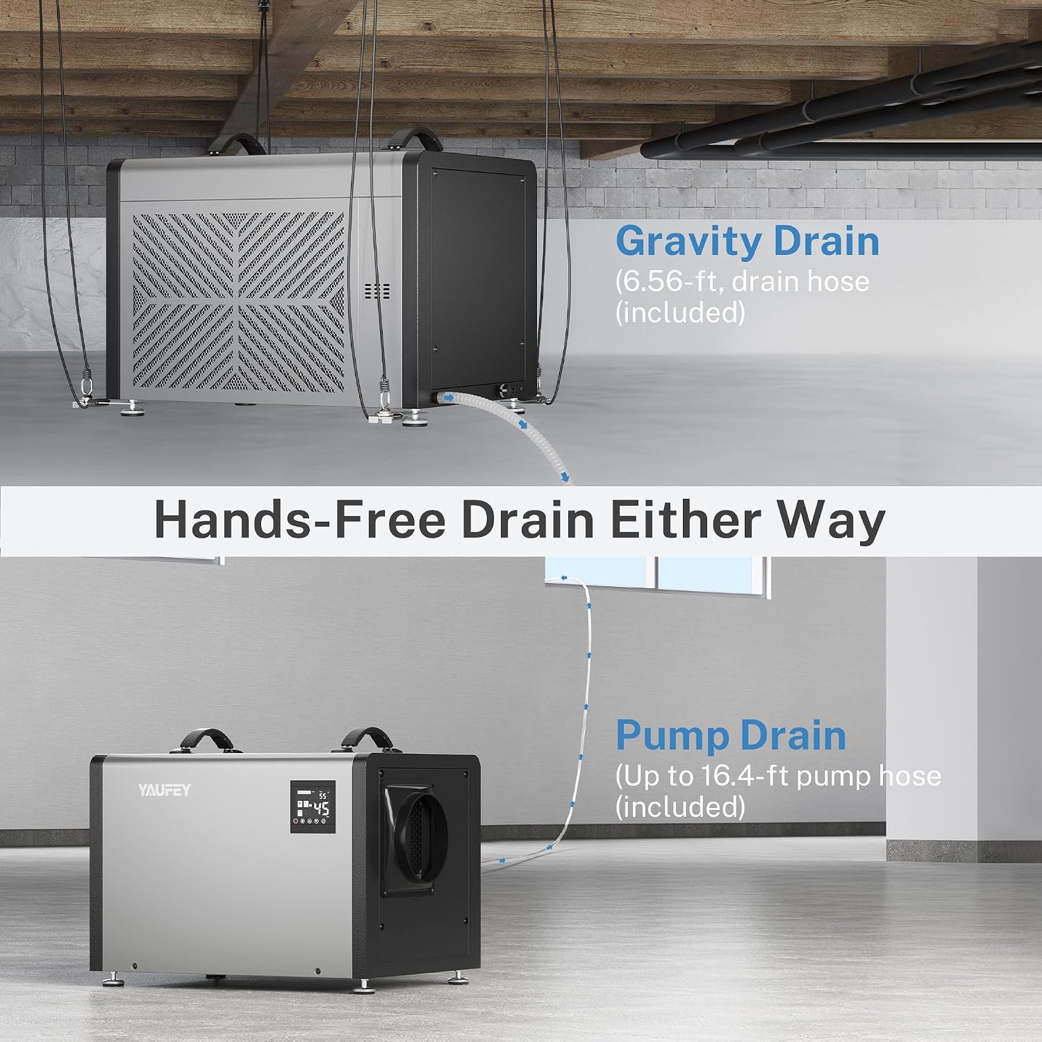 Yaufey 125 Pints Commercial Dehumidifier with Pump for 6500 Sq.Ft. Crawl Space, Basement, Industrial Area, 10-90% RH Humidity Control, 24/7 Running Continuous Drainage, TUV Certified, 5-Yr Coverage