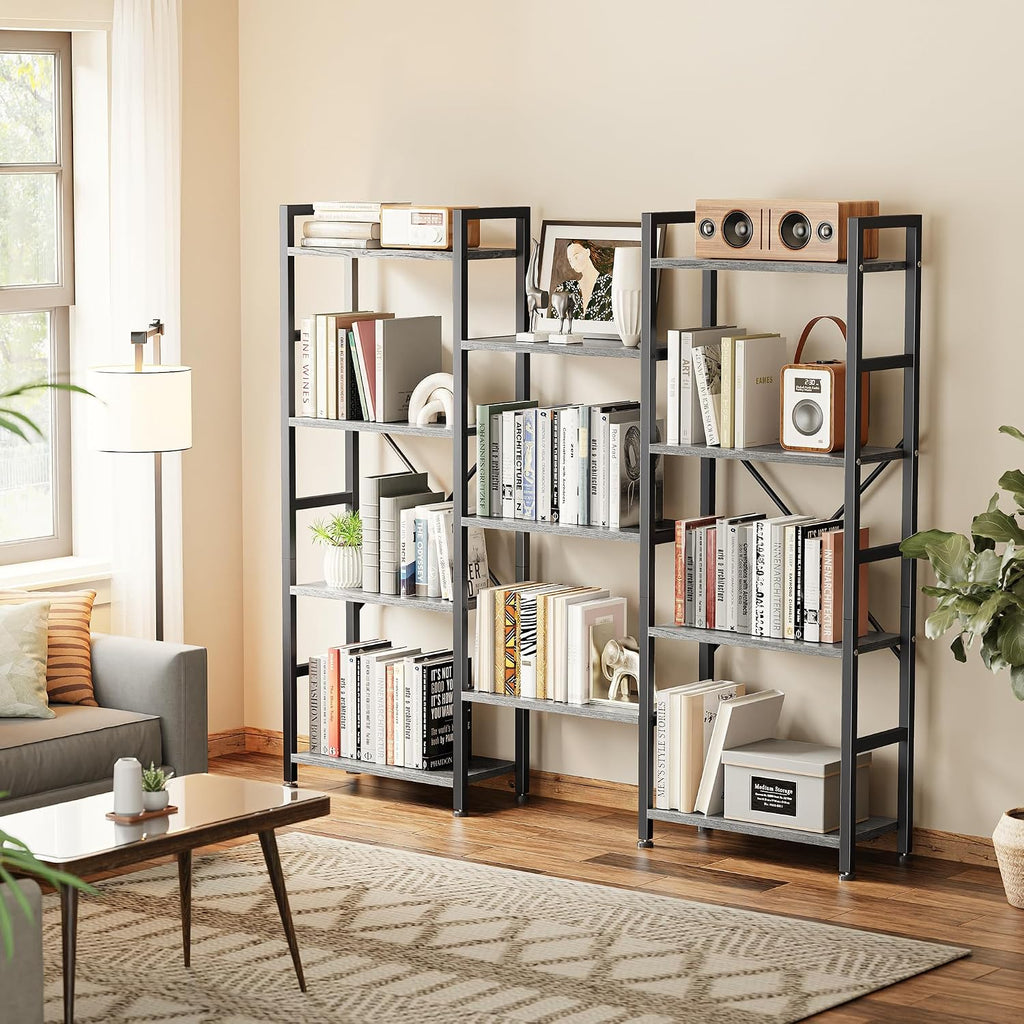 SUPERJARE Triple Bookshelf, Bookcase with 11 Open Display Shelves, Wide Book Shelf Book Case for Home & Office, 4 Tier, Grey