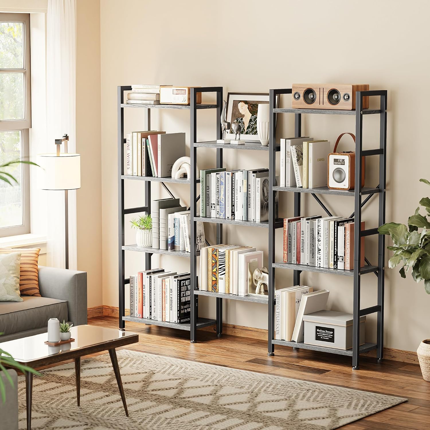 SUPERJARE Triple Bookshelf, Bookcase with 11 Open Display Shelves, Wide Book Shelf Book Case for Home & Office, 4 Tier, Grey