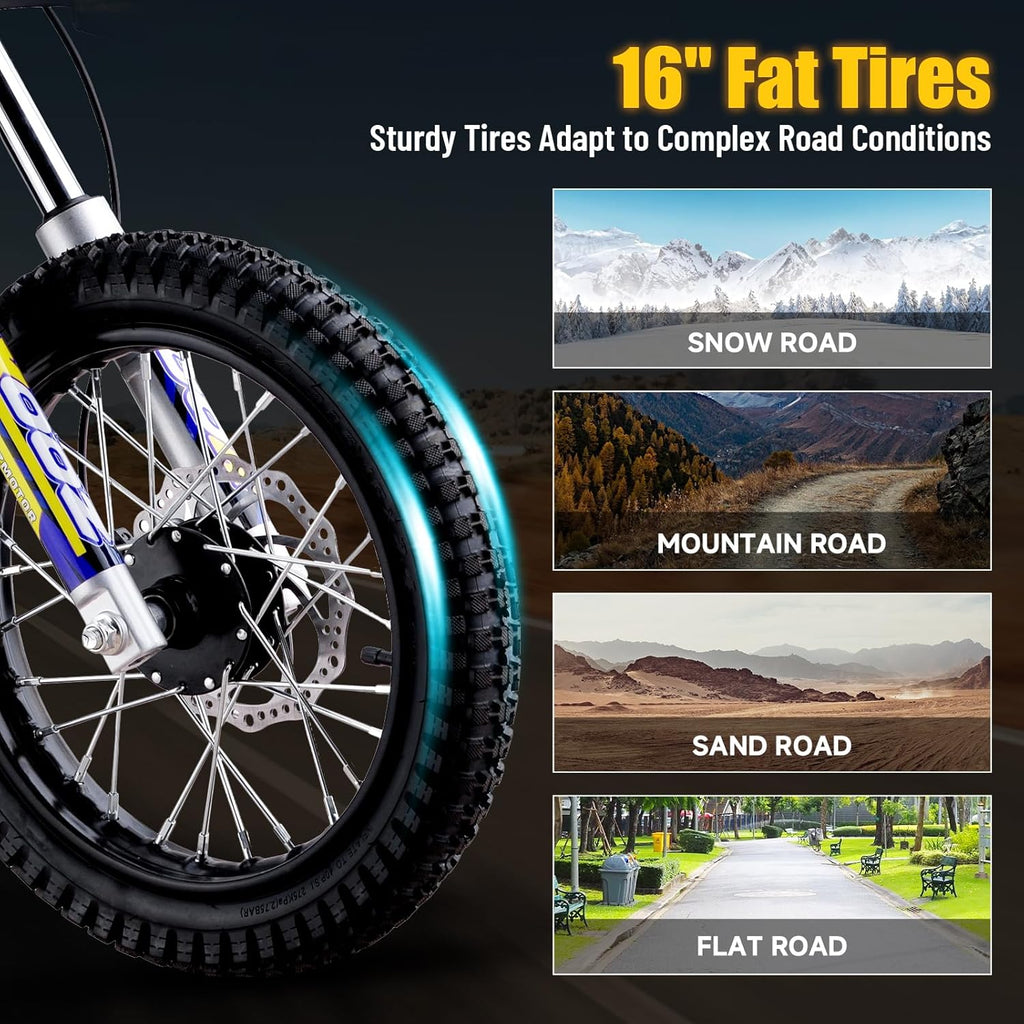 KOOZ HP112E PRO 36V 1000W Electric Dirt Bike for Kids, 3 Speed Modes Teen Electric Motorcycle Up to 20.6 MPH& 19 Miles Long-Range, Dual Suspension & Disc Brake, 16' Sturdy Tire