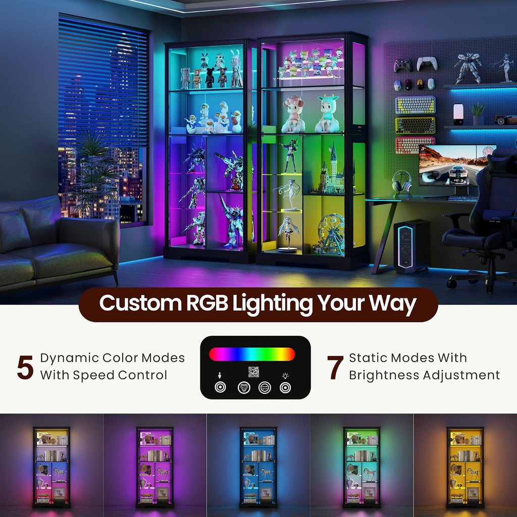 71' Glass Display Cabinet with RGB Light - Curio Cabinet with Glass Doors for Collectibles, 7-Tiers Tall Display Case with Large Shelves, Showcase for Lego, Figures, Human Sensor Design (Black)