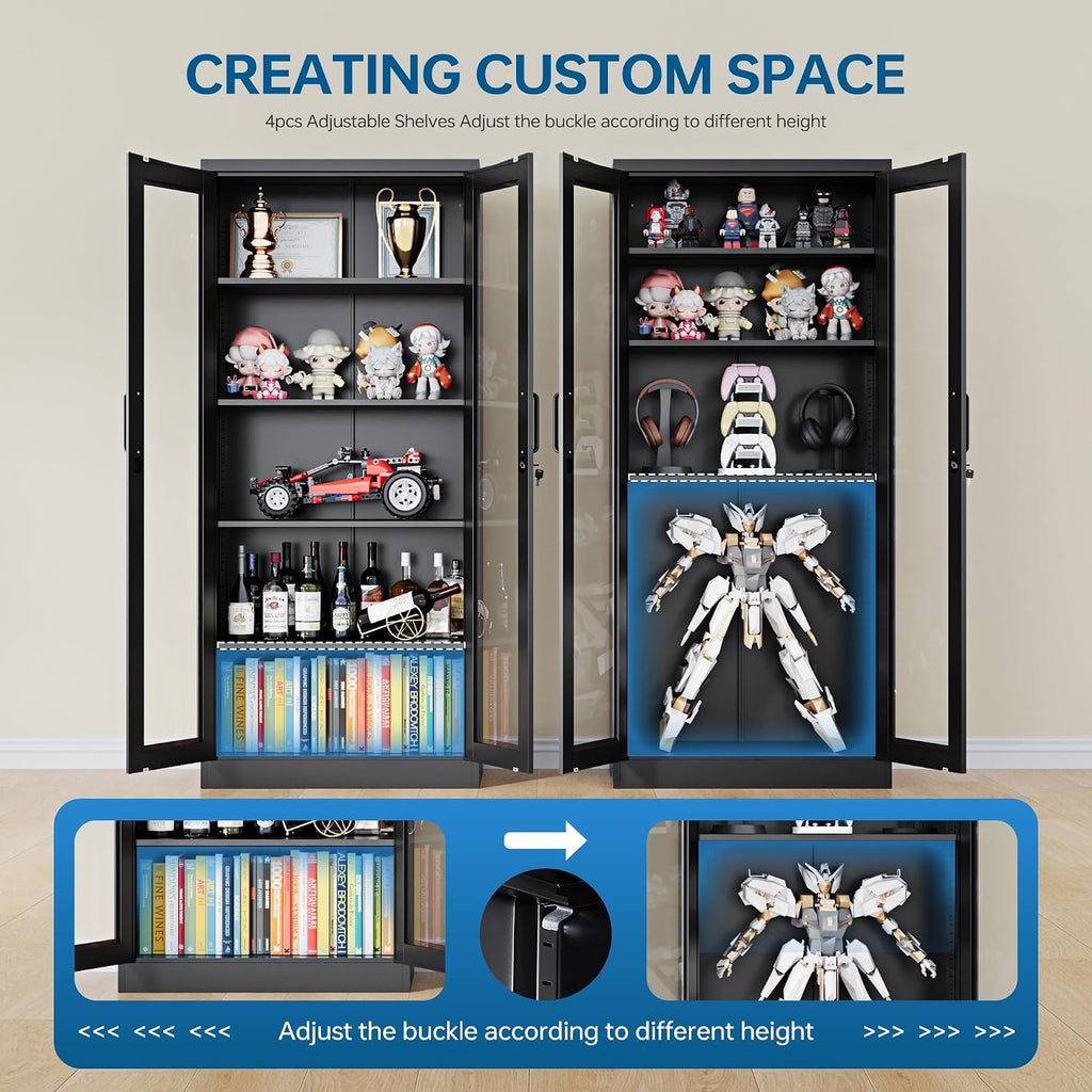 PEUKC Display Cabinet with Glass Doors, 71 Inches Metal Display Case with 4 Adjustable Shelves, Curio Storage Cabinet with Lock for Home, Office, Book, Pantry, Assemble Required (Black)