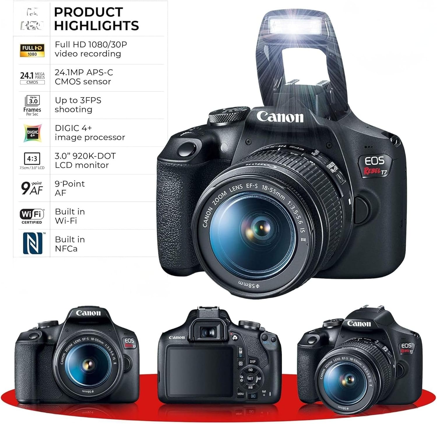 Canon EOS Rebel T7 DSLR Camera with 18-55mm Lens (Black) (Renewed) (Camera w/Basic Bundle)