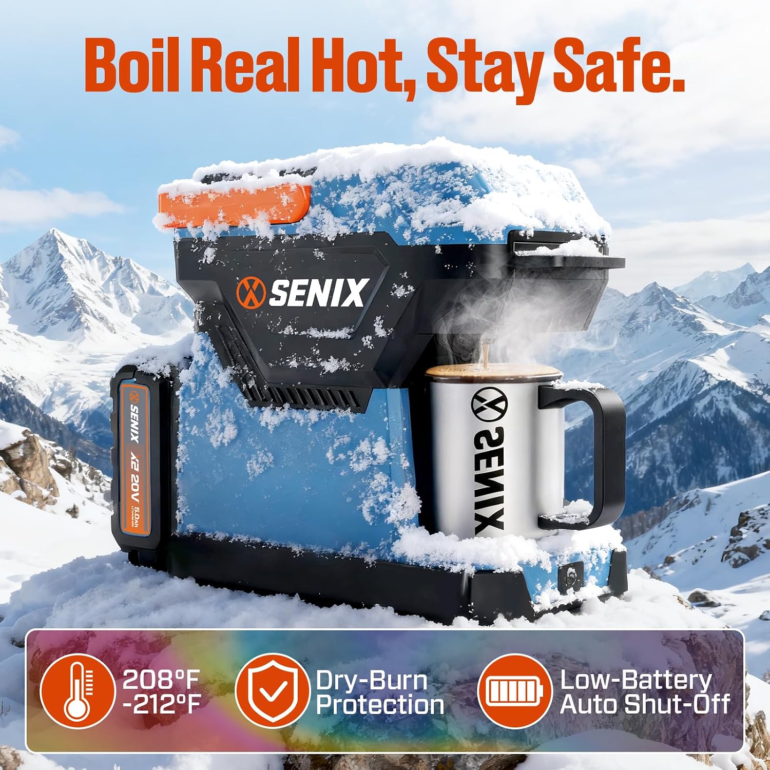 SENIX Portable Coffee Maker with 5000mAh Battery, Dual AC/DC Electric Coffee Machine for Car/RV/Camping, Cordless Outdoor Travel Brewer Compatible with Ground & ESE Pods, Included Cup