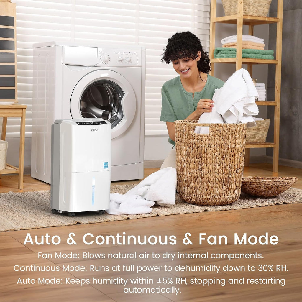 Waykar 34 Pints 2025 Most Efficient Energy Star Dehumidifier for up to 2200 Sq. Ft. for Home and Basement with Auto or Manual Drainage, Quiet 33dB Operation, 0.6 Gal Tank