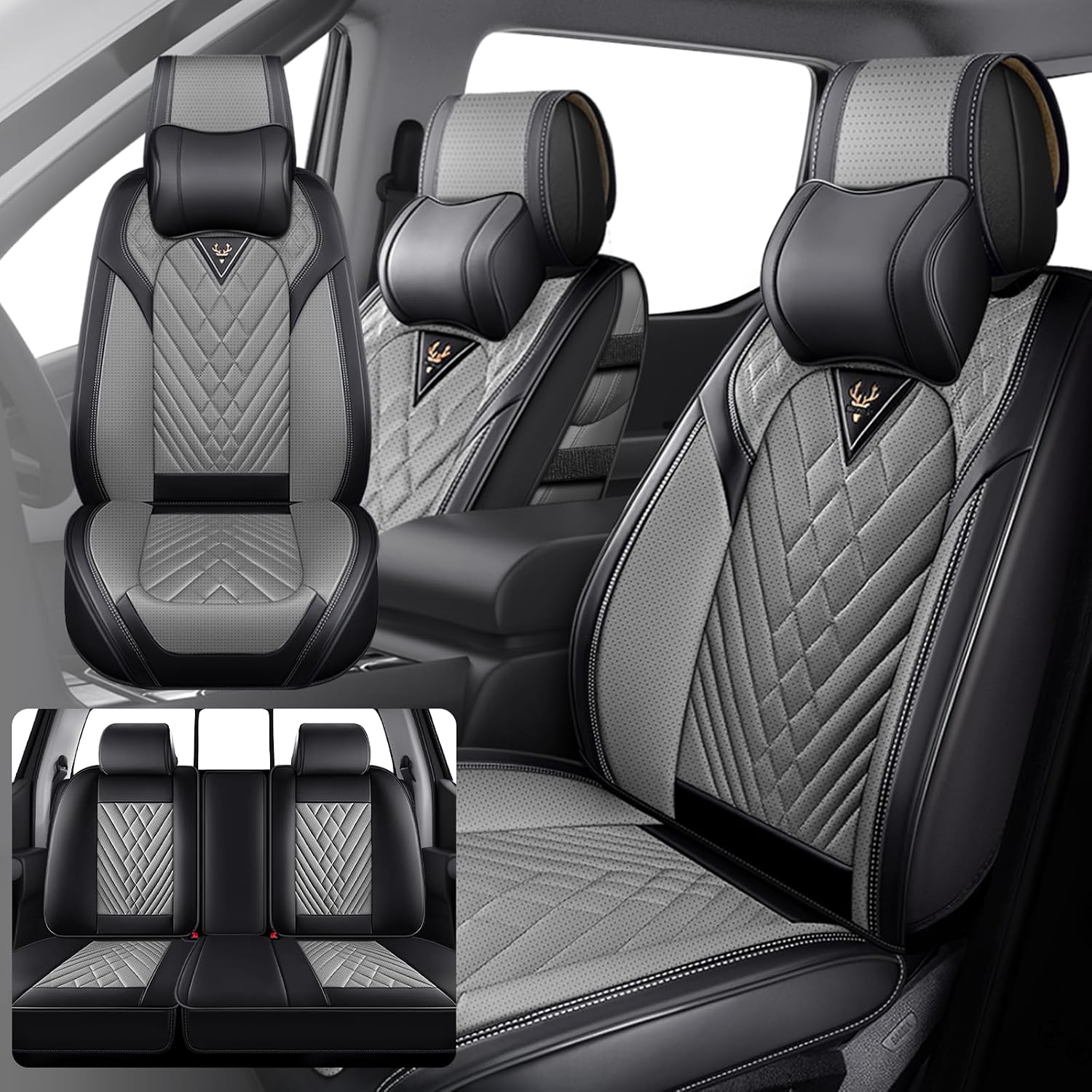 Fit for RAM 1500/2500/3500 2010-2026 Seat Covers, Fashion Sport Seat Cover with Waterproof Leather, Airbag Safe Design Seat Protector (5 Front Seat Luxury, Black Gray)