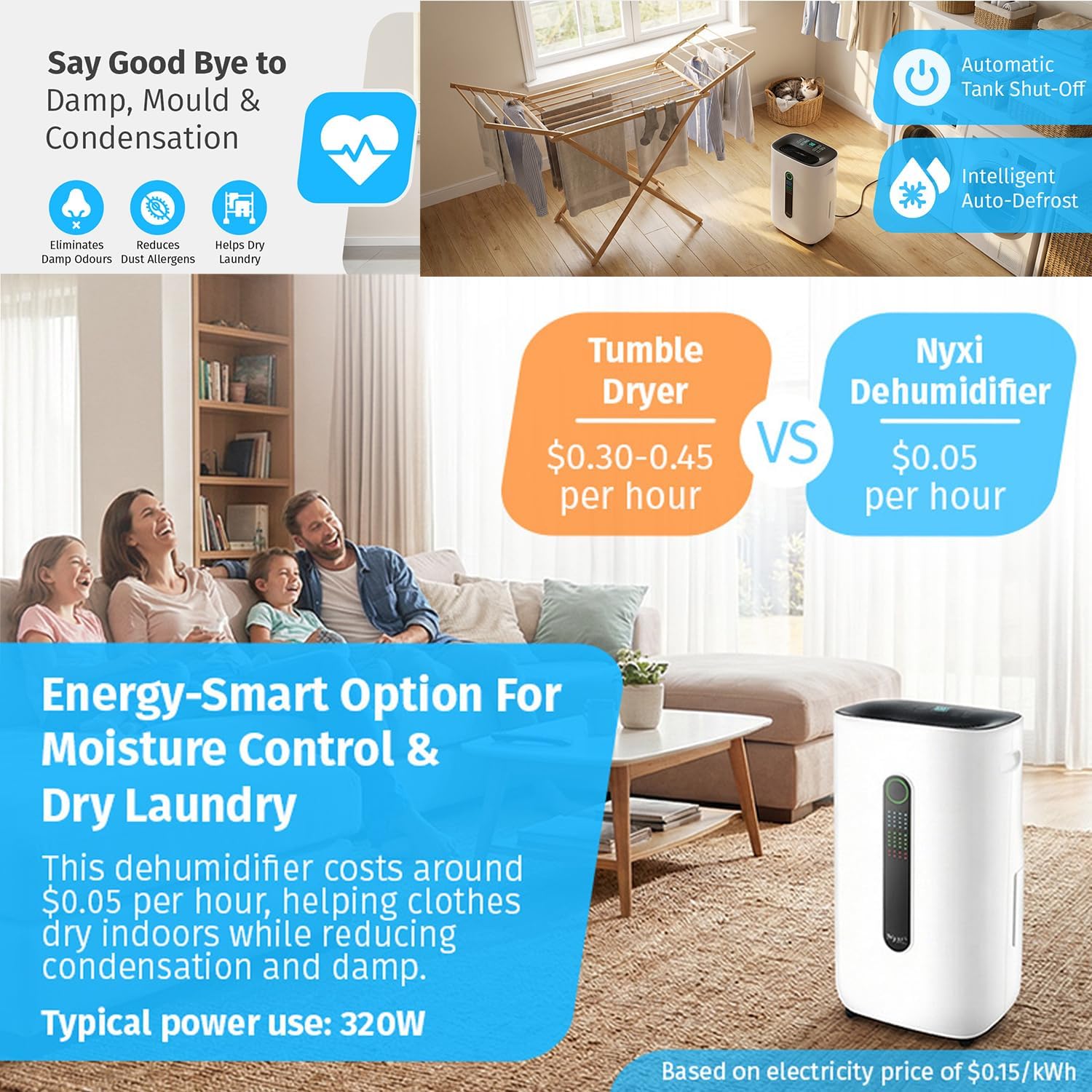 Nyxi 4,500 Sqft / 50 Pints Powerful Compressor Dehumidifier, Smart Digital Humidity Control, XL Water Tank 1.7 Gallon, Drain Hose Option, 24-Hour Timer, Removes Moisture for Home, Laundry, Office