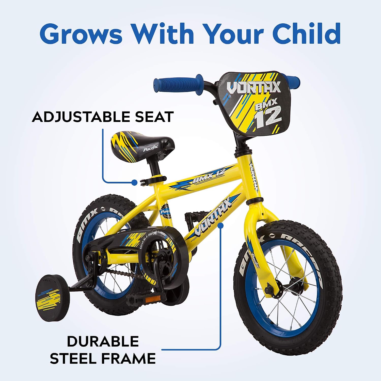 Pacific Vortax Bike, 12, 16 or 20 Inch Bike for Kids Ages 1-13, Steel BMX Frame, Adjustable Seat Grows with your Child, Removable Training Wheels, Hand & Coaster Brake, Easy Assembly, Training Bicycle