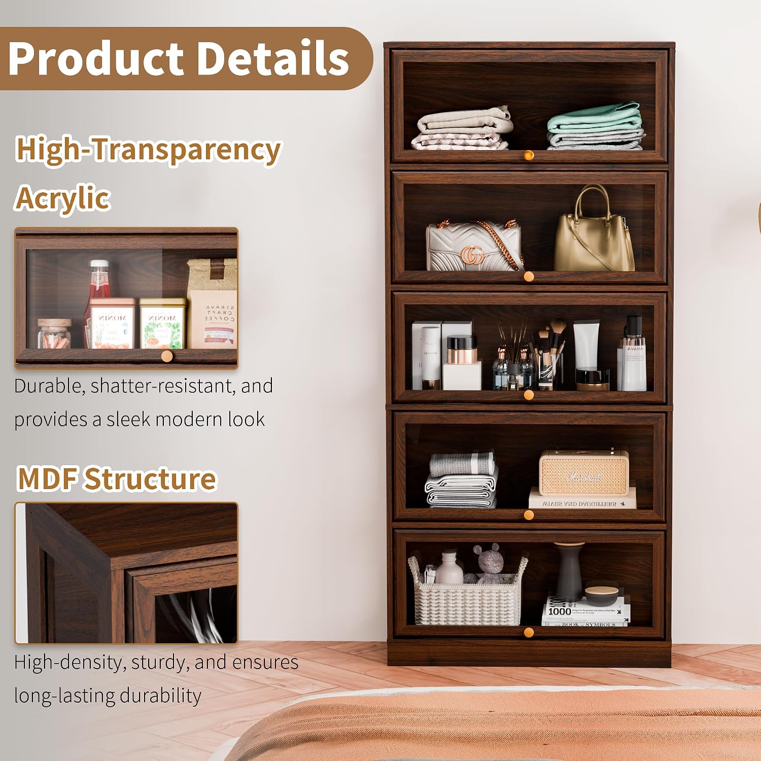 Display Cabinet with Acrylic Glass Doors,5-Tiers Curio Cabinet with LED Lighting for Collectibles, Collectibles Toy Organizers Rack & Display Shelf Display Case Storage Cabinet, Walnut