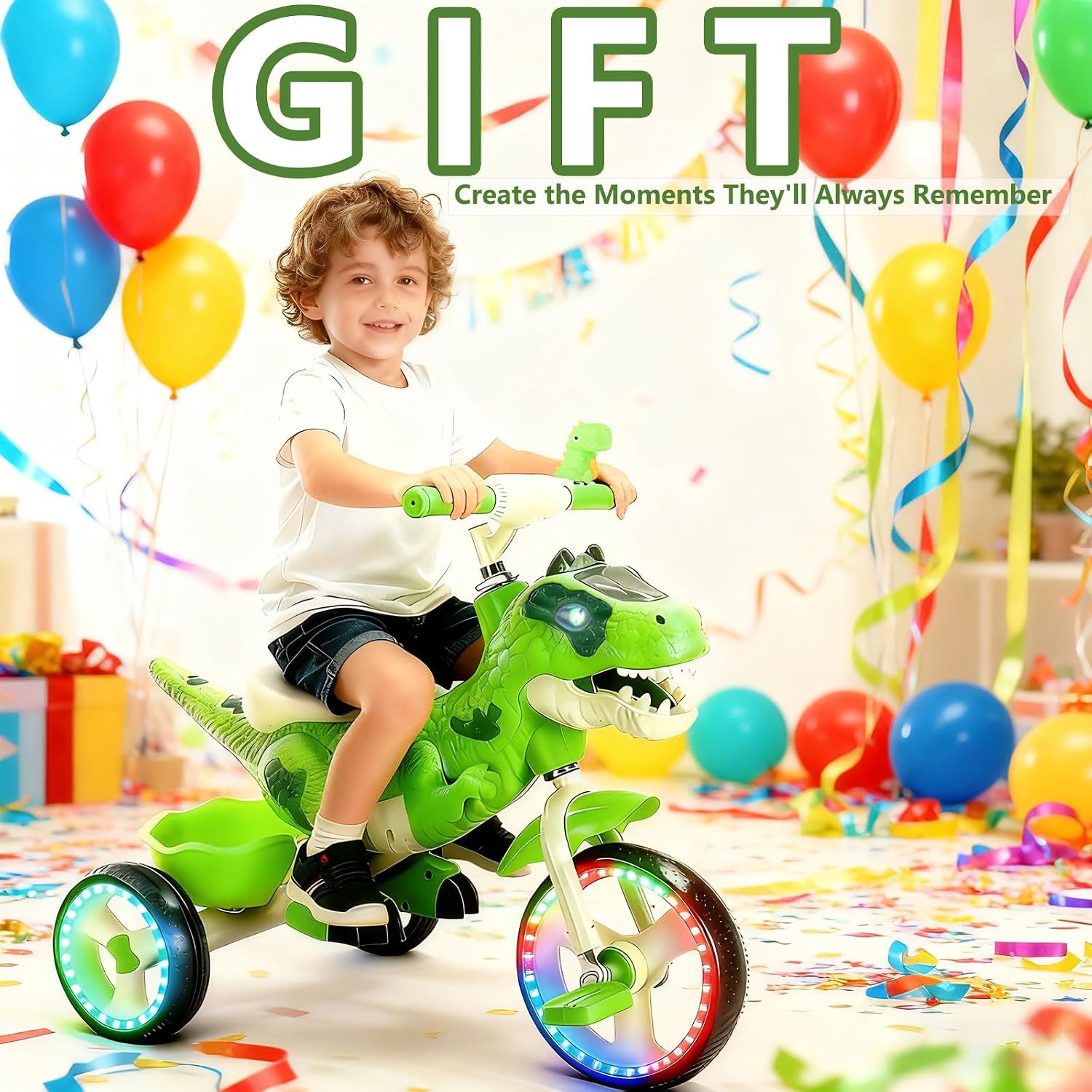 NMM Dinosaur Tricycle for Toddlers, Kids Trike with Music, LED, Tricycles for 3-5 Year Olds, for Rider, Big Wheel, Storage Basket, Horn, Toddler Bike for Boy, Dinosaur Toys for Kids 2-4 4-7