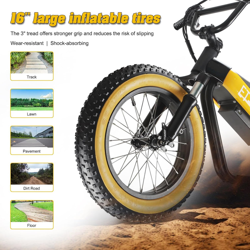 Electric Balance Bike, 750W Motor, 18Miles Long Range & 19Mph, 16' Fat Tire Electric Dirt Bike for Ages 6-11, Front Suspension, Dual Brake Off-Road Electric Motorcycle for Boys Girls (Yellow)