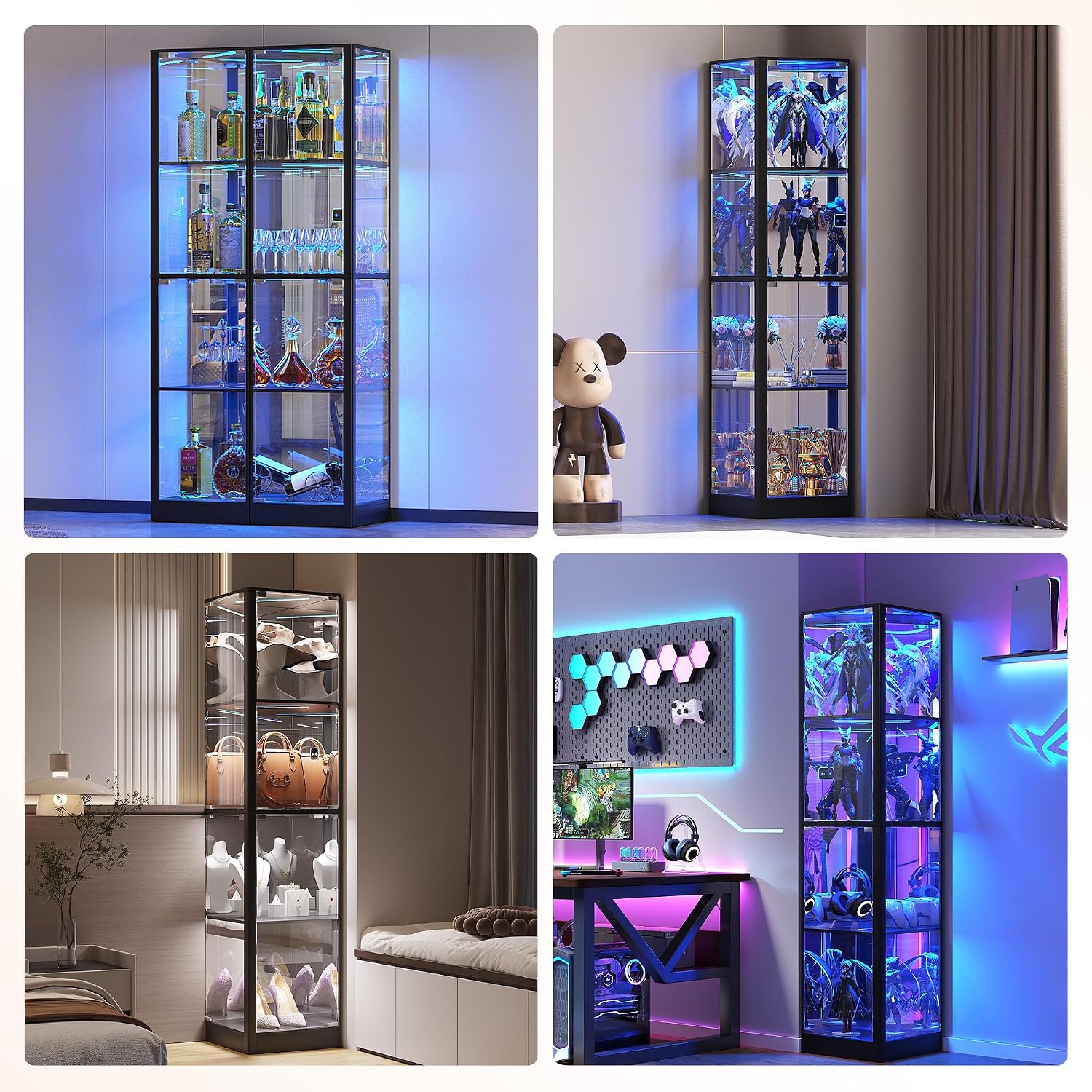 Dystler Corner Display Cabinet with Glass Doors, 68' Display Case with LED Lights, 4-Tier Curio Cabinets for Collectibles, Toys, Books, Modern Storage Cabinet, Black