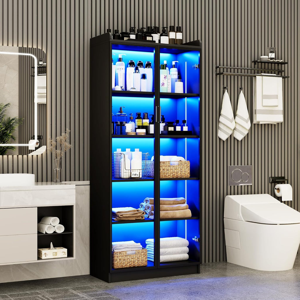 Dystler Display Cabinet with Doors and Adjustable Shelves, 65' Tall Bookcase with LED Lights/Human Sensor, 5 Tier Display Case for Collectibles Bedroom Living Room Office, Black