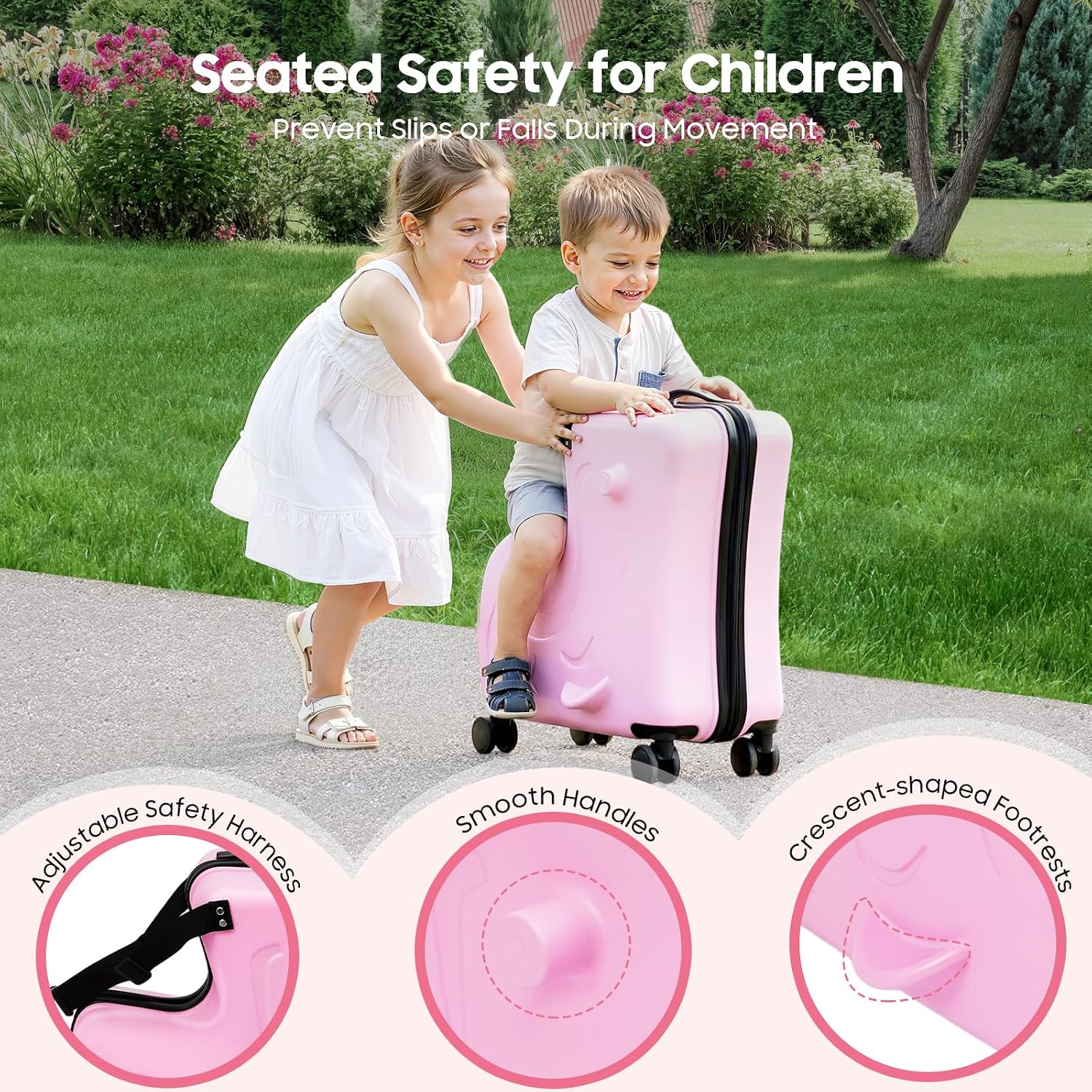 20 Inch Ride-On Suitcase for Kids, Travel Trolley with Wheels, Safety Belt, Adjustable Pull Rod, Scooter Luggage Seat Ride with Lock for Toddler Airplane Travel(Pink)