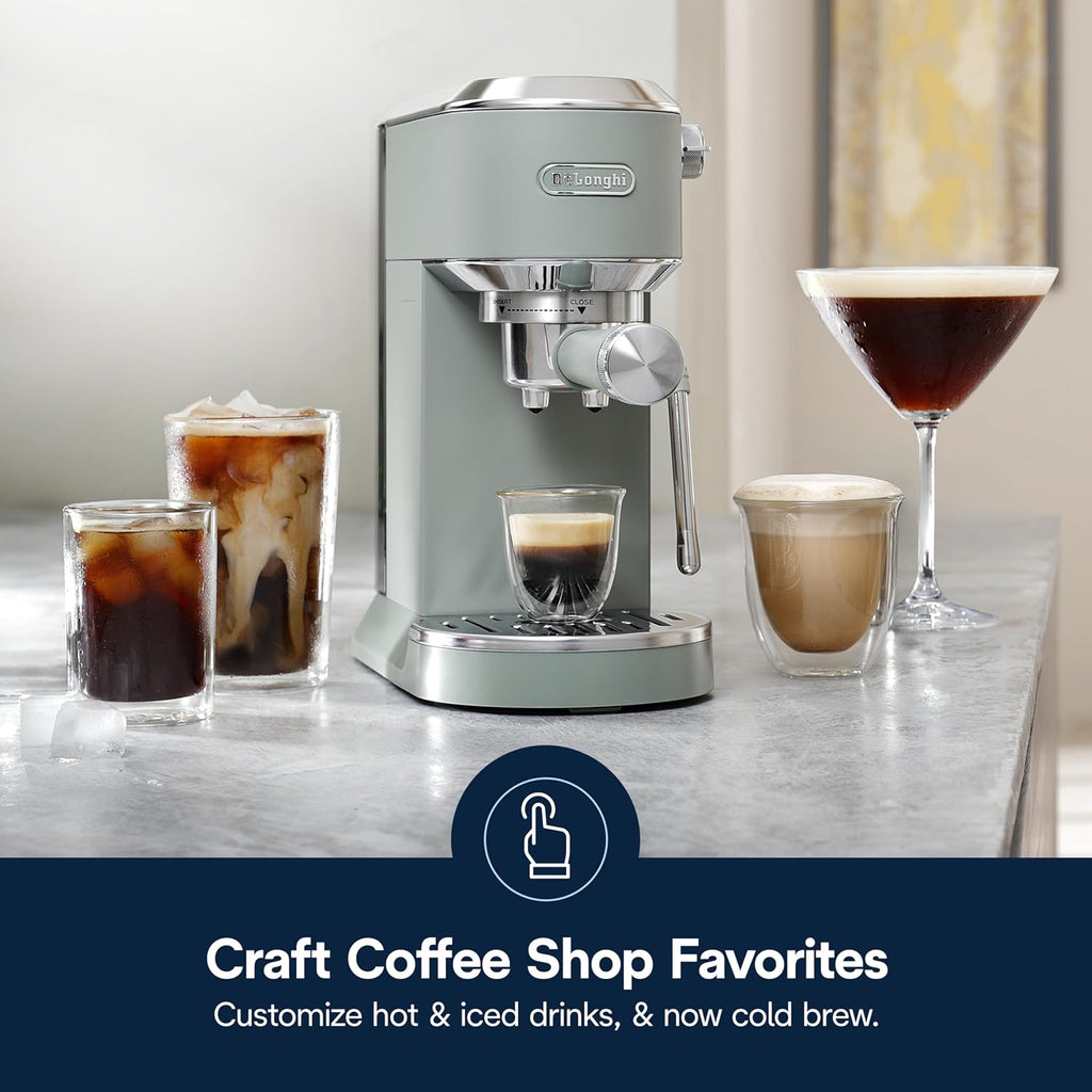 De'Longhi Dedica Duo Compact Espresso Machine - Cold Brew Coffee Maker with Milk Frother Wand- for Espresso, Hot & Iced Coffee, Cappuccinos, Lattes & Home Barista Brewing, Pistachio Green