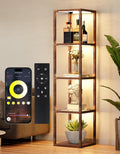 PARTPHONER Floor Lamp Glass Display Shelf with Remote/APP Control, Dimmable LED Floor Lamp with Shelves, Open Display Cabinet, Color Temp Control (2700K-6000K), Rustic Brown