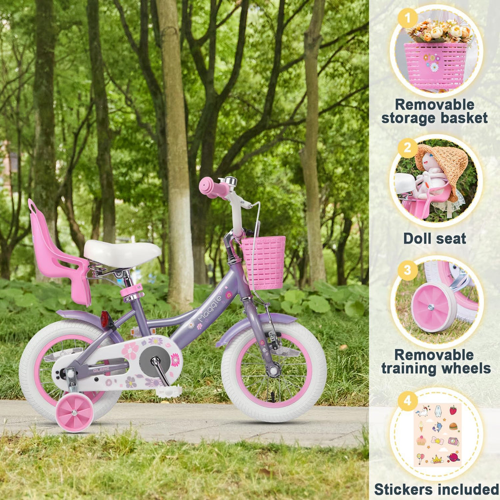 Glerc Maggie Girls Bike, 12-20 Inch Kids Bike for 2-13 Years Old Children, Princess Style Kids Bicycle with Doll-Seat & Basket & Training Wheels, Multiple Colors