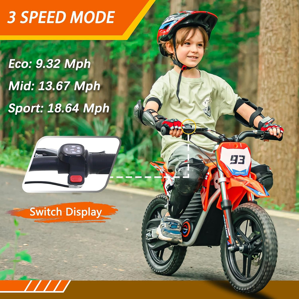 OLALA 36V Electric Dirt Bike for Kids 4-8, 350W Brushless Motor with 3-Speed Control, 18.6 MPH Max Speed, 14' Off-Road Tires Motorcycle, for Boys & Girls, Orange