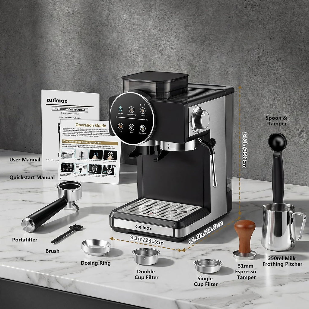 Espresso Machine with Grinder, 20 Bar Professional Expresso Coffee Machines with Milk Frother Steam Wand, Espresso Maker with 60oz Removable Water Tank, Cappuccino & Latte Machine for Home (Dark-Pro)