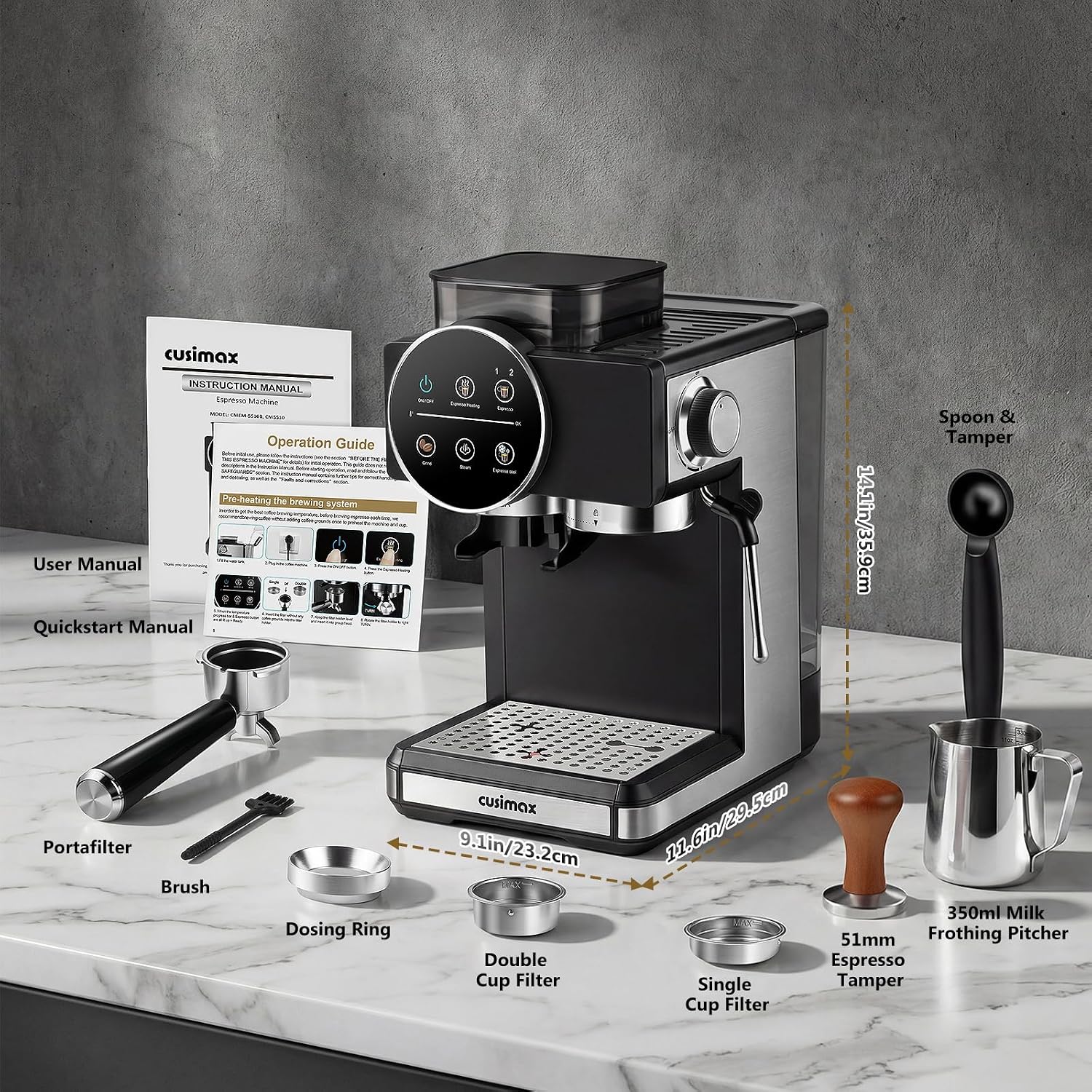 Espresso Machine with Grinder, 20 Bar Professional Expresso Coffee Machines with Milk Frother Steam Wand, Espresso Maker with 60oz Removable Water Tank, Cappuccino & Latte Machine for Home (Dark-Pro)