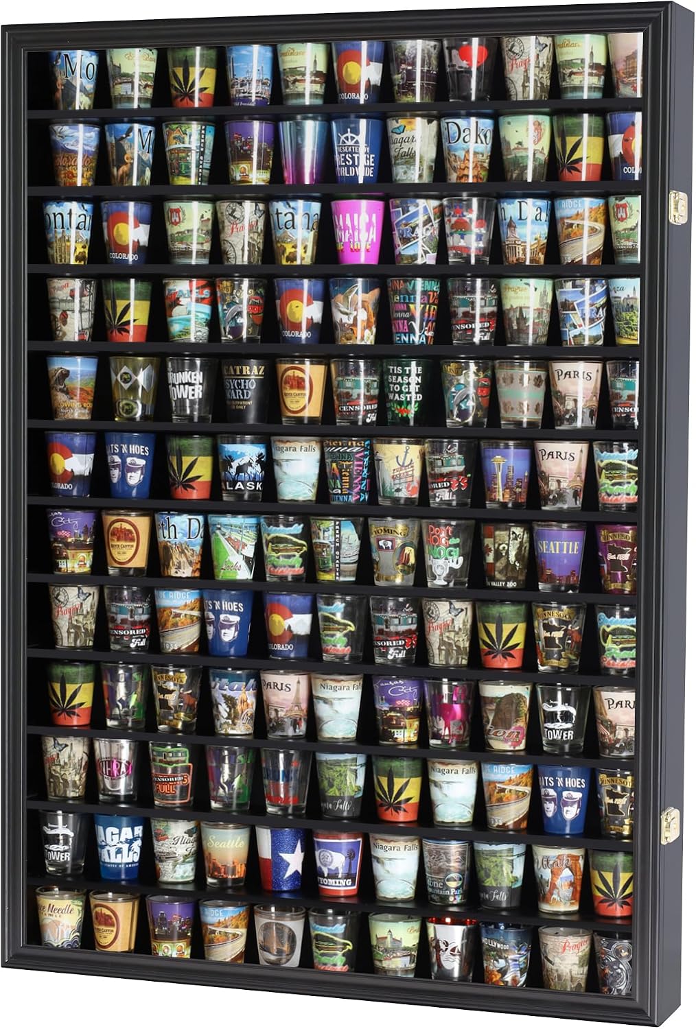 Large 144 Shot Glass Display Case Rack Solid Wood Cabinet Holder Wall Curio Cabinet Shadow Box for Action Figures Small Figurines - Lockable with UV Protection Door - Black Finish