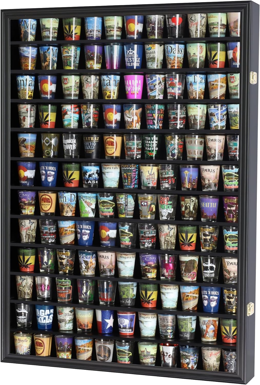 144 Shot Glass Shooter Display Case, Glass Collection Hollder Wall Mount Cabinet, UV Protection, Removable Shelves, Black Finish