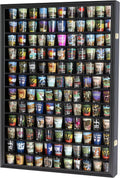144 Shot Glass Shooter Display Case, Glass Collection Hollder Wall Mount Cabinet, UV Protection, Removable Shelves, Black Finish