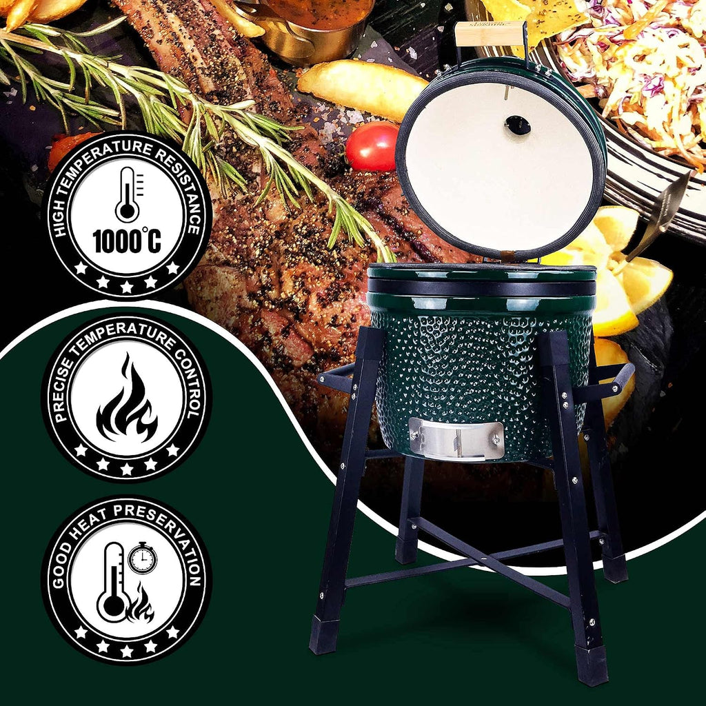 London Sunshine Ceramic Kamado Charcoal BBQ Grill and Smoker, Stainless Steel Grates -15' Ceramic with Tall Stand (GREEN)
