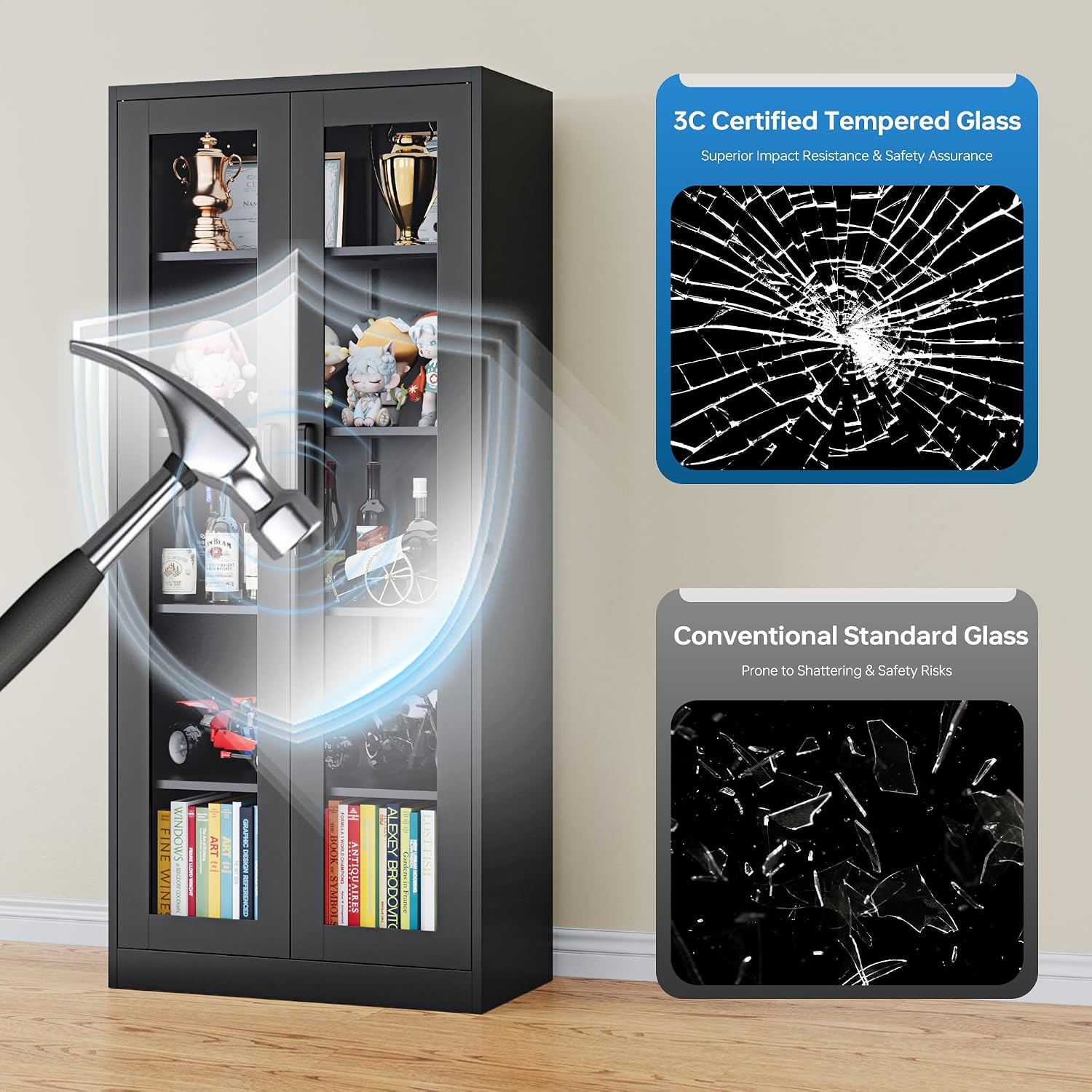 PEUKC Display Cabinet with Glass Doors, 71 Inches Metal Display Case with 4 Adjustable Shelves, Curio Storage Cabinet with Lock for Home, Office, Book, Pantry, Assemble Required (Black)