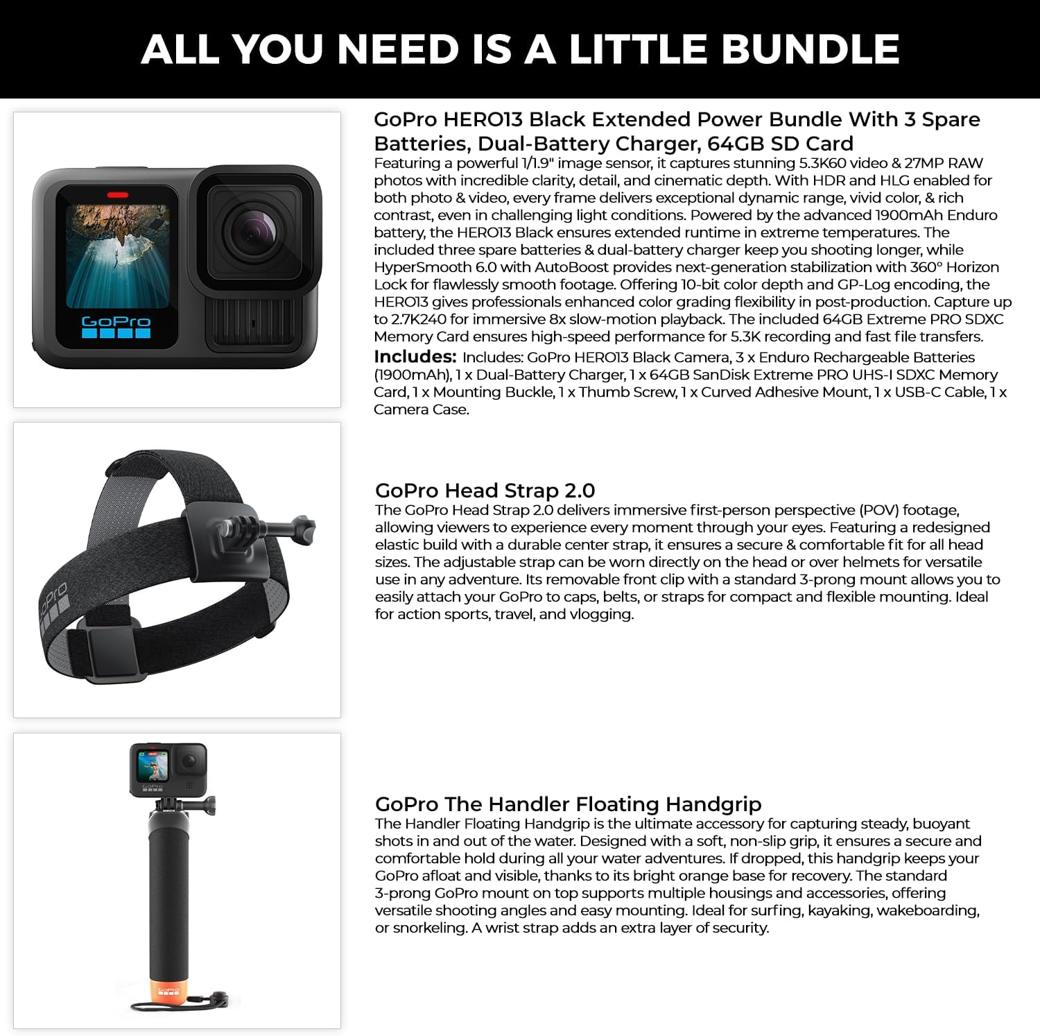 GoPro HERO13 Black Camera with 3 Enduro Batteries | Waterproof 5.3K60 Action Camera with Dual-Battery Charger & SanDisk 64GB Extreme SD Card | Head Strap 2.0 and Handler Floating Handgrip, Bundle Kit