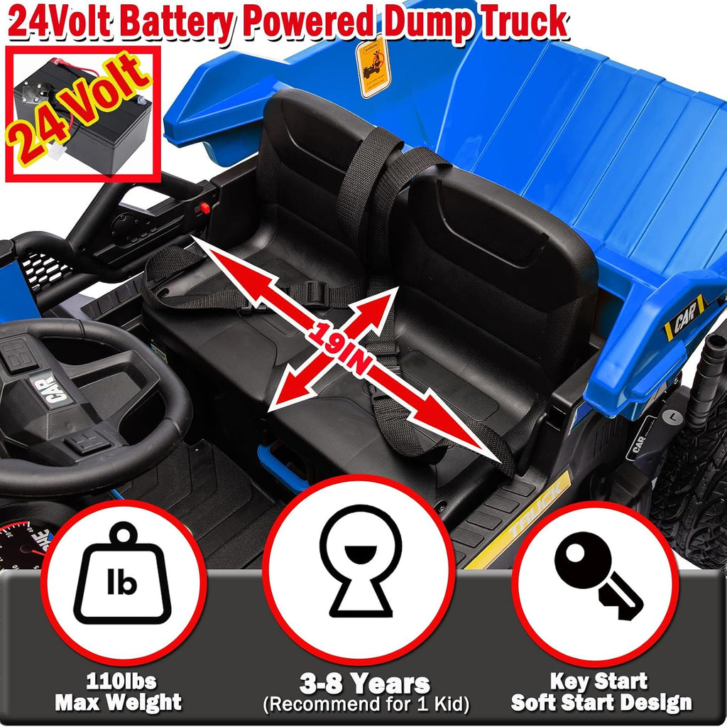NEWQIDA 24V Ride on Dump Truck, Kids Electric Car with Remote Control, Ride on Construction Vehicles w/Electric Dump Bed, Shovel, 2x75W Powerful Motors, Up to 4.4Mph, EVA Tires, Soft Start, Blue