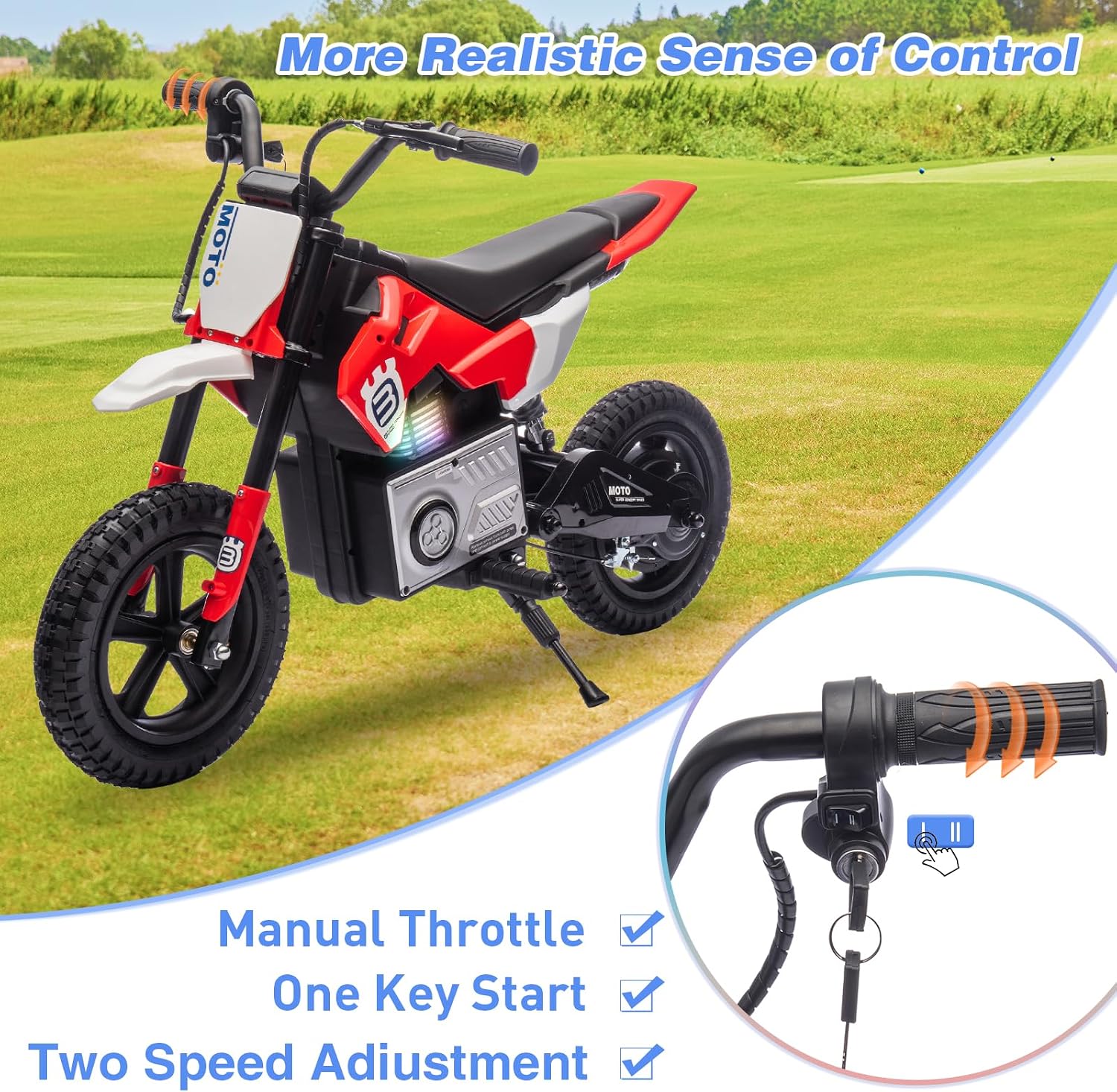 WEEROCK 24V Kids Electric Motorcycle 5+ Years Old, Child Ride On Electric Dirt Bike, Rear Shock Absorber, LED Breath Lamp, Bluetooth for Boys Girls Children Electria Toy Gift, Red