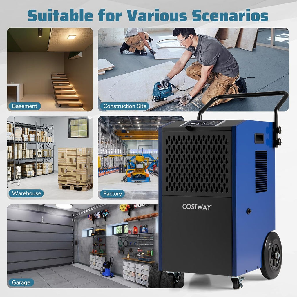 COSTWAY 154 Pints Commercial Dehumidifier with Pump, Portable Industrial Heavy Duty Large Dehumidifier with Drain Hoses for Basements, Job Sites (Blue, 16' x 16' x 31.5')