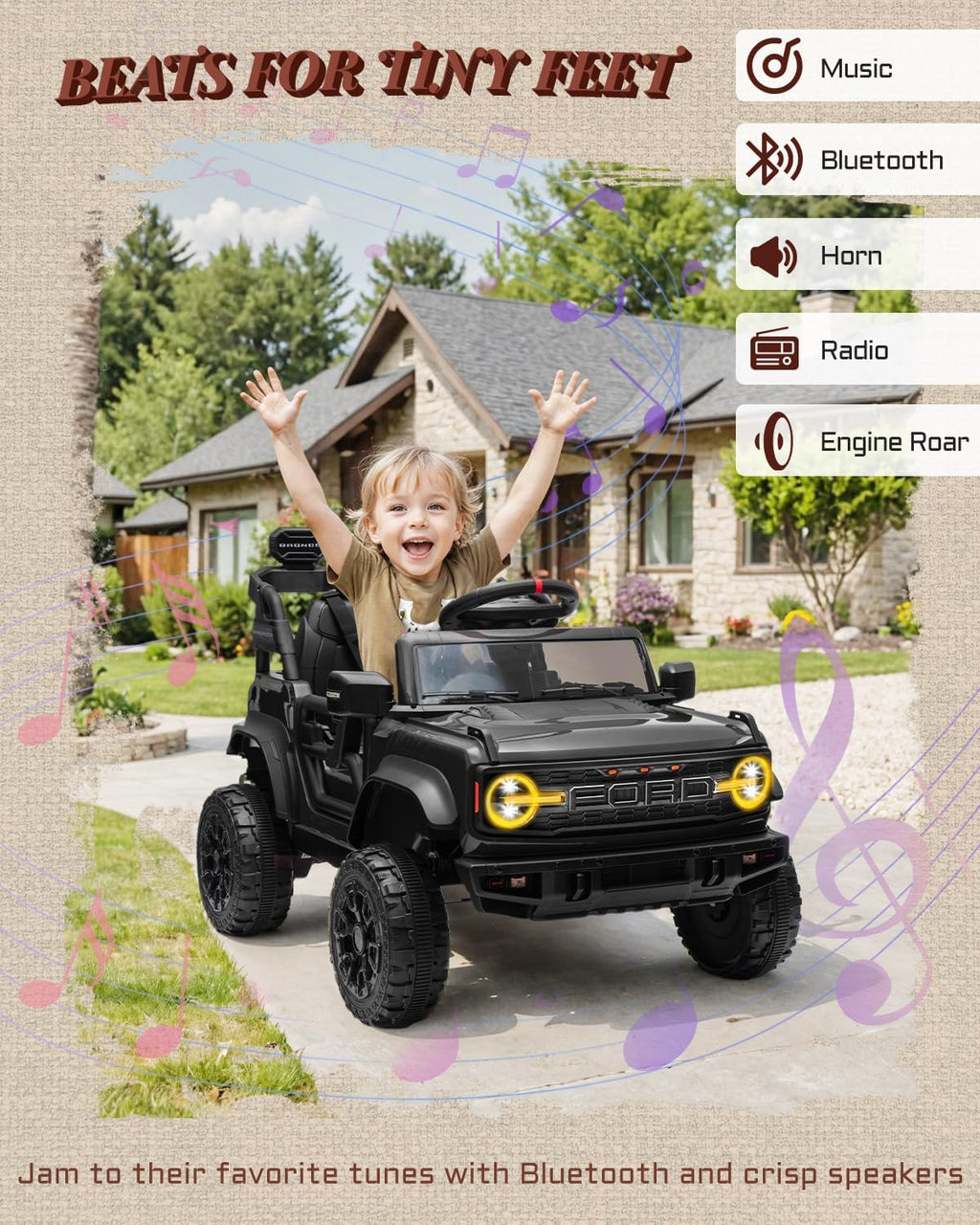 First Ride On 12V Ride on Toys for Kids, Licensed Ford Bronco Raptor Children Electric Vehicles, Toddler Battery Powered Car with Double Doors, 3 Point Safety Belt, Led Lights (12V, Black)