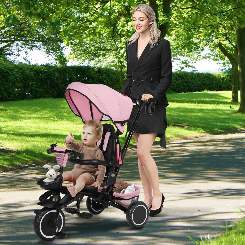 TODEFULL Folding Kids Tricycle, 8 in 1 Toddler Trike W/Removable & Adjustable Canopy, Parent Handle, 5-Piont Harness, Toddler Bike Tricycle for Kids 1-6 Years, EVA Wheels, Storage Basket, Pink