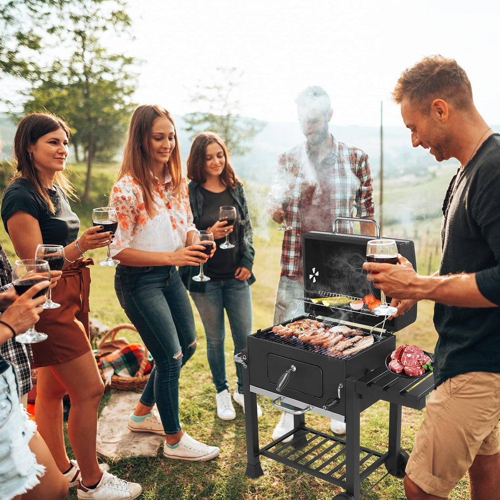 ROVSUN Charcoal Grill with Side Tables, Large Cooking Area, Individual Lifting Charcoal Trays, Pull-Out Ash Tray, BBQ Grill for Outdoor, Picnic, Backyard, Parties