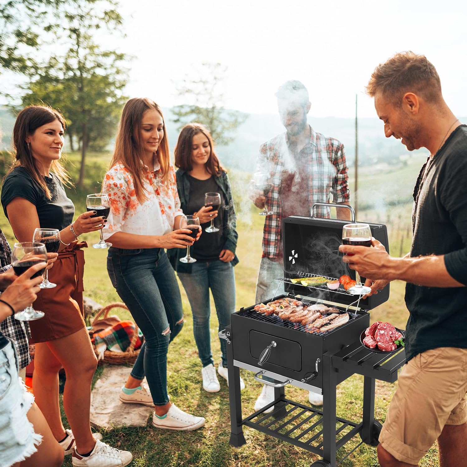ROVSUN Charcoal Grill with Side Tables, Large Cooking Area, Individual Lifting Charcoal Trays, Pull-Out Ash Tray, BBQ Grill for Outdoor, Picnic, Backyard, Parties