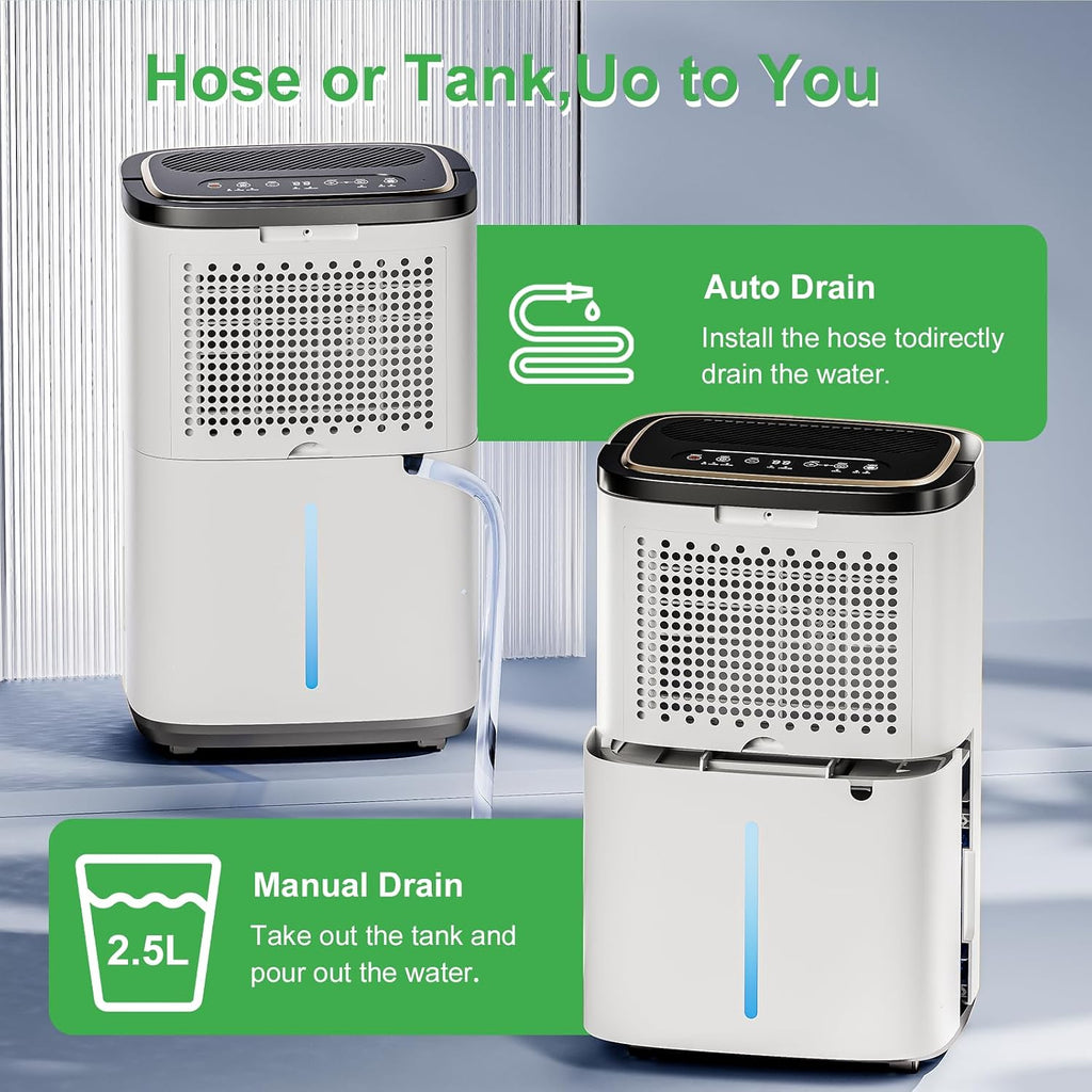 55 Pint Portable Dehumidifier with Drain Hose for Basements, 5,200 Sq. Ft. Dehumidifiers Auto Drain or Manual Drainage, Quiet Dehumidifier for Home with 6L Water Tank