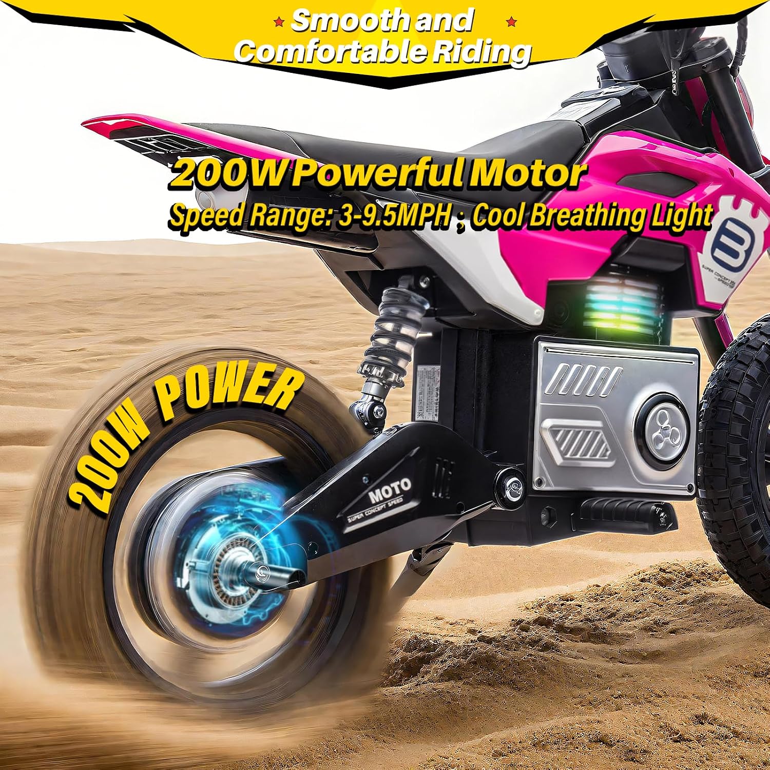 Blitzshark 24V Electric Dirt Bike for Kids，200W Motor Electric Motorcycle Aged 5-12, Motorbike for Kids, Adjustable Speed, LED Breath lamp,Bluetooth,Music,Horn,Speeds 3-9MPH, Pink
