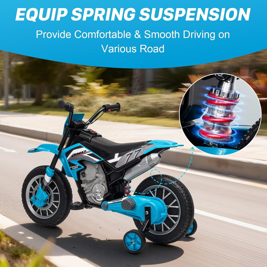 12V Kids Motorcycle w/Treaded Tires, 3.1mph Top Speed Electric Bike for Kids, Training Wheels, Music & Bluetooth, Spring Suspension, Age 3-8 Year Old, Bule