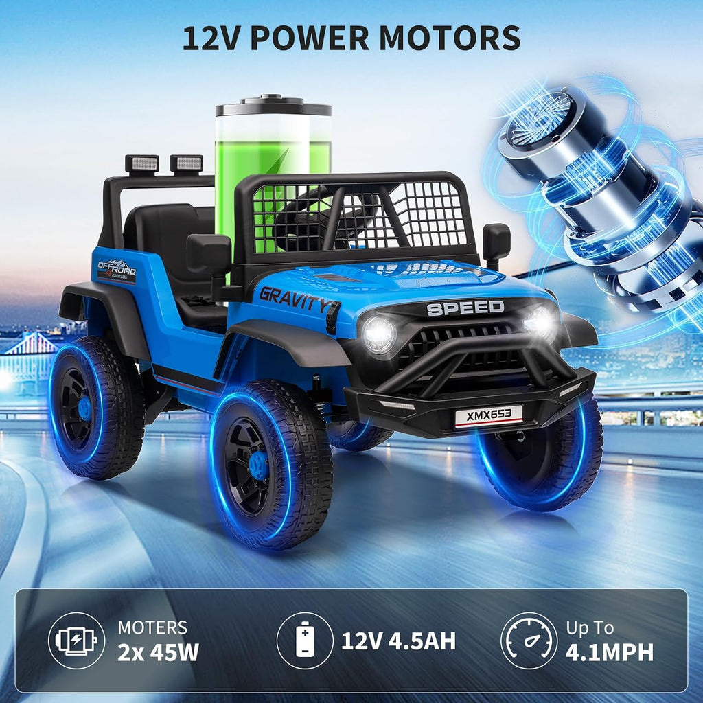 12V Kids Ride on Car Truck, Kids Electric Vehicles Car Ride on Toy Extra Wide Seat and Legroom for Toddlers with Remote Control, 3 Speeds, LED Light, Music, USB for Children 3-6 Years, Blue