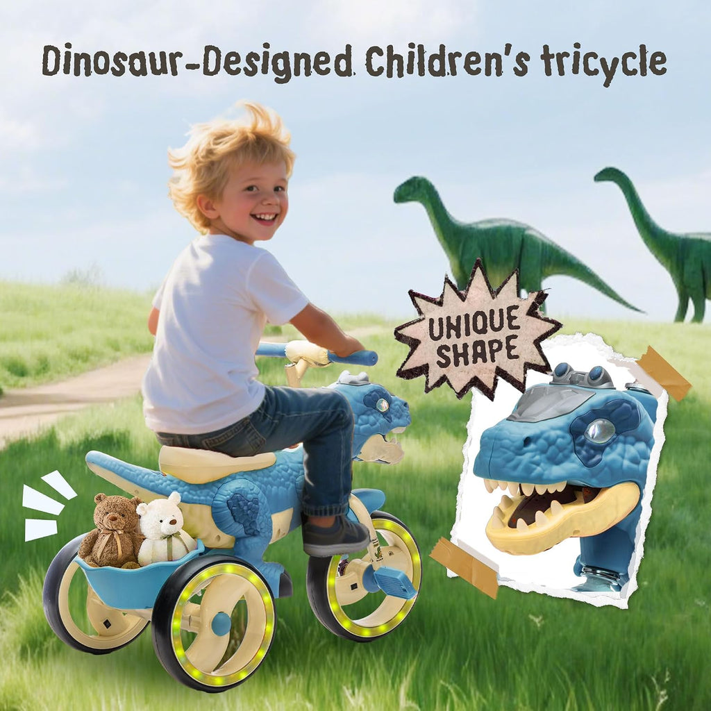 Dinosaur Kids Tricycle for Rider, Toddlers Kid Trike Bike Big Wheel with EVA Wide Flash Wheels, Anti-Slip Pedals,Storage Basket,Music & LED Lights, Kids Bike for 3-6 Year Old Girls & Boys (Blue)