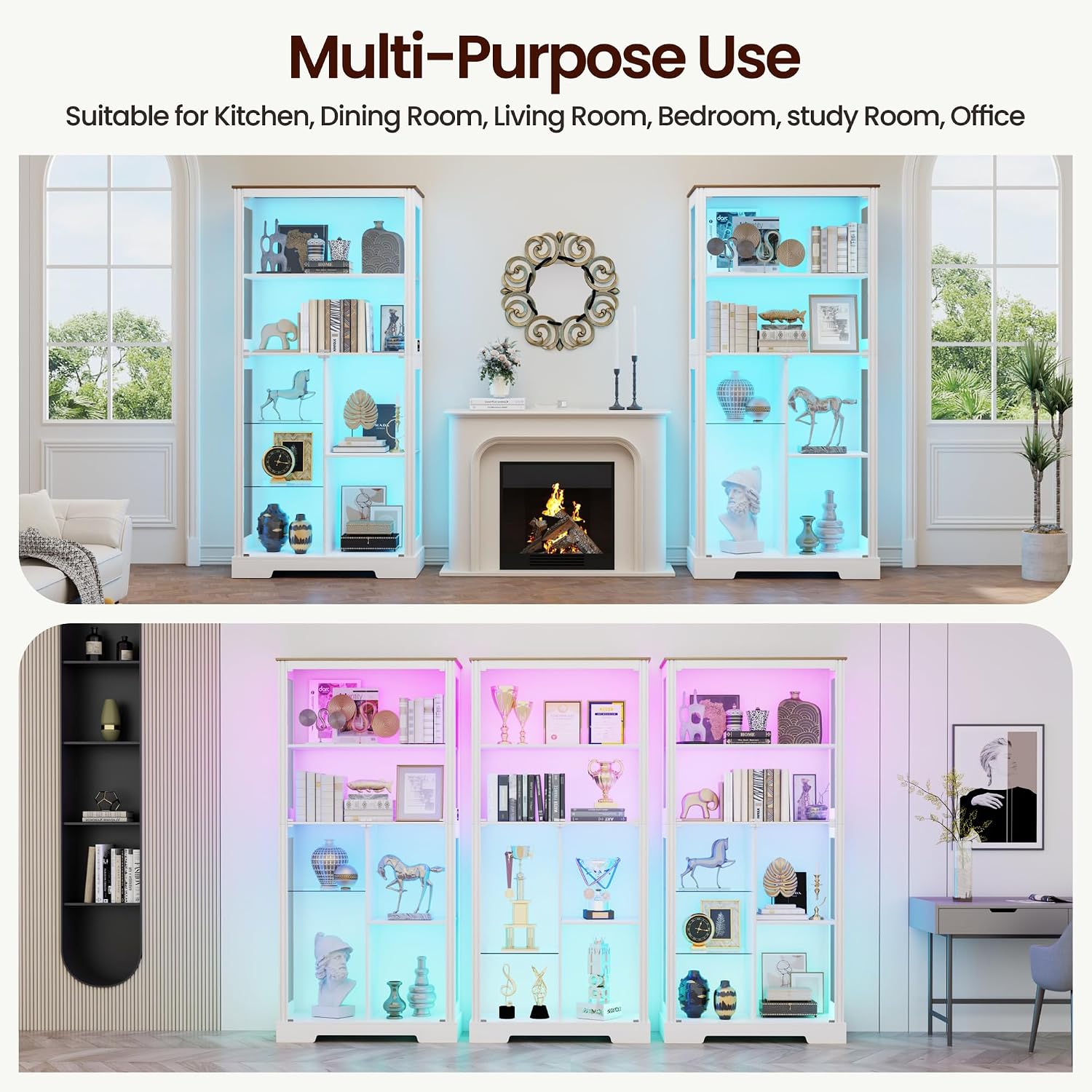 71' Glass Display Cabinet with RGB Light - Curio Cabinet with Glass Doors for Collectibles, 7-Tiers Tall Display Case with Large Shelves, Showcase for Lego, Figures, Human Sensor Design (White)