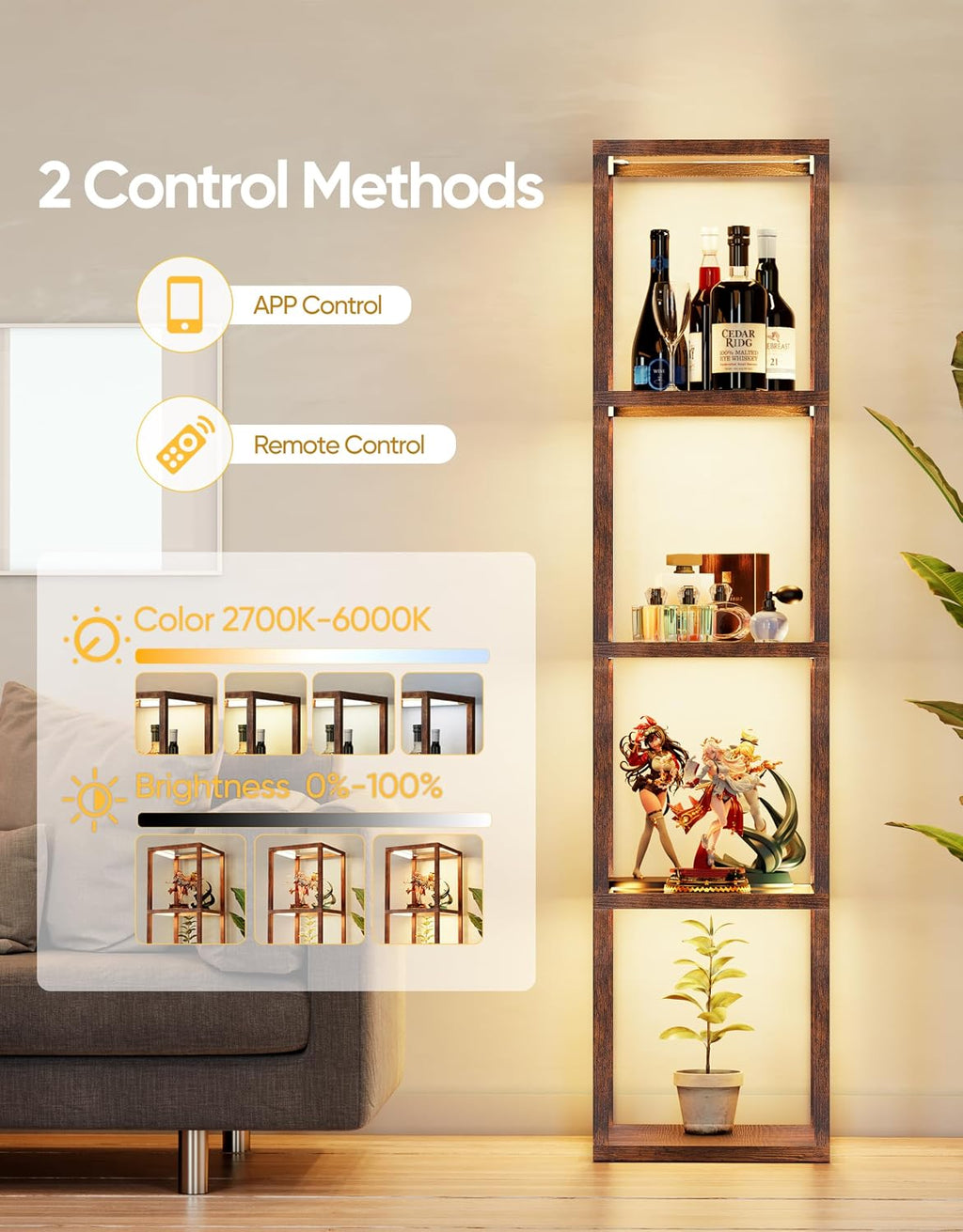 PARTPHONER Floor Lamp Glass Display Shelf with Remote/APP Control, Dimmable LED Floor Lamp with Shelves, Open Display Cabinet, Color Temp Control (2700K-6000K), Rustic Brown