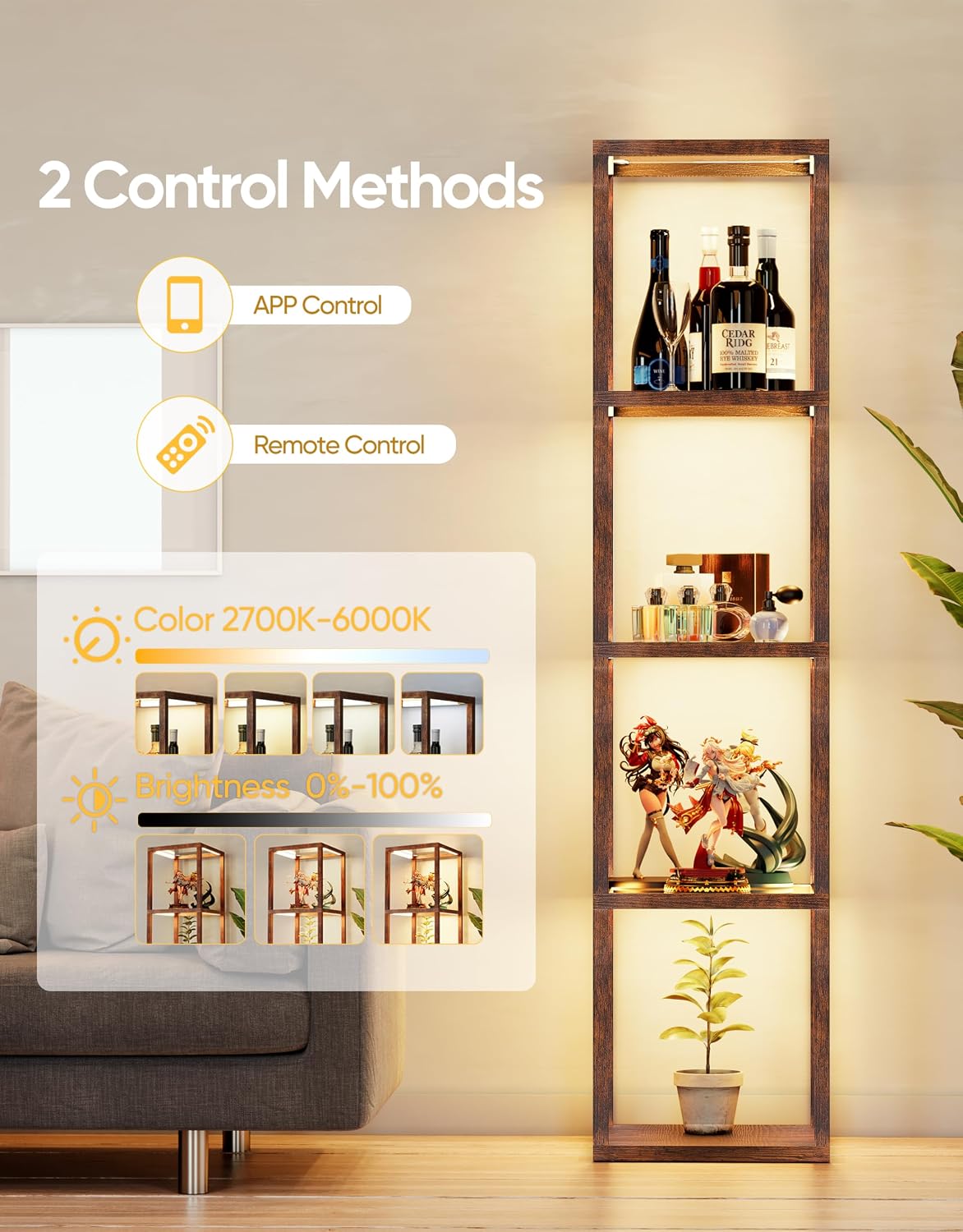 PARTPHONER Floor Lamp Glass Display Shelf with Remote/APP Control, Dimmable LED Floor Lamp with Shelves, Open Display Cabinet, Color Temp Control (2700K-6000K), Rustic Brown
