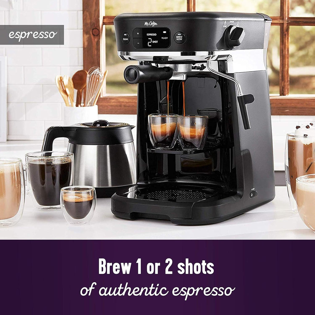 Mr. Coffee All-in-One Occasions Specialty Pods Coffee Maker, 10-Cup Thermal Carafe, and Espresso with Milk Frother and Storage Tray, Black