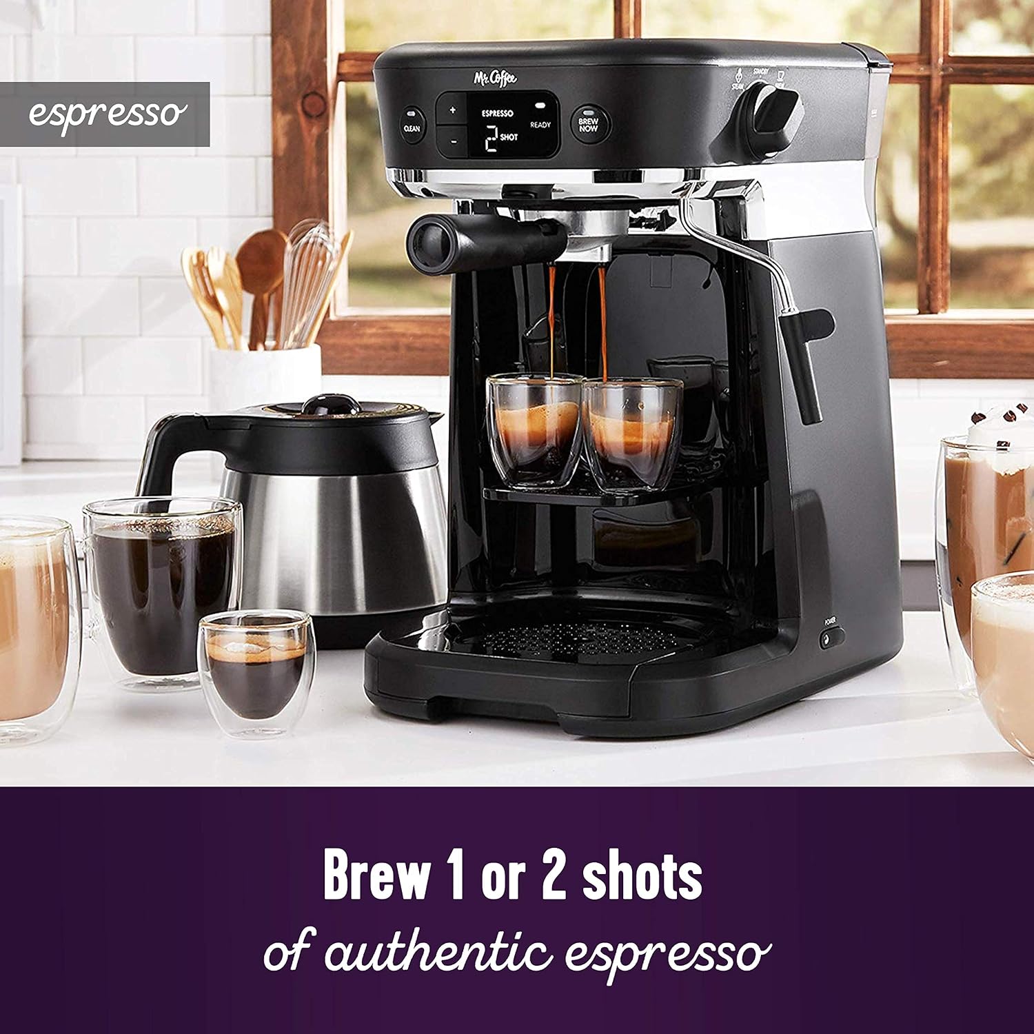 Mr. Coffee All-in-One Occasions Specialty Pods Coffee Maker, 10-Cup Thermal Carafe, and Espresso with Milk Frother and Storage Tray, Black