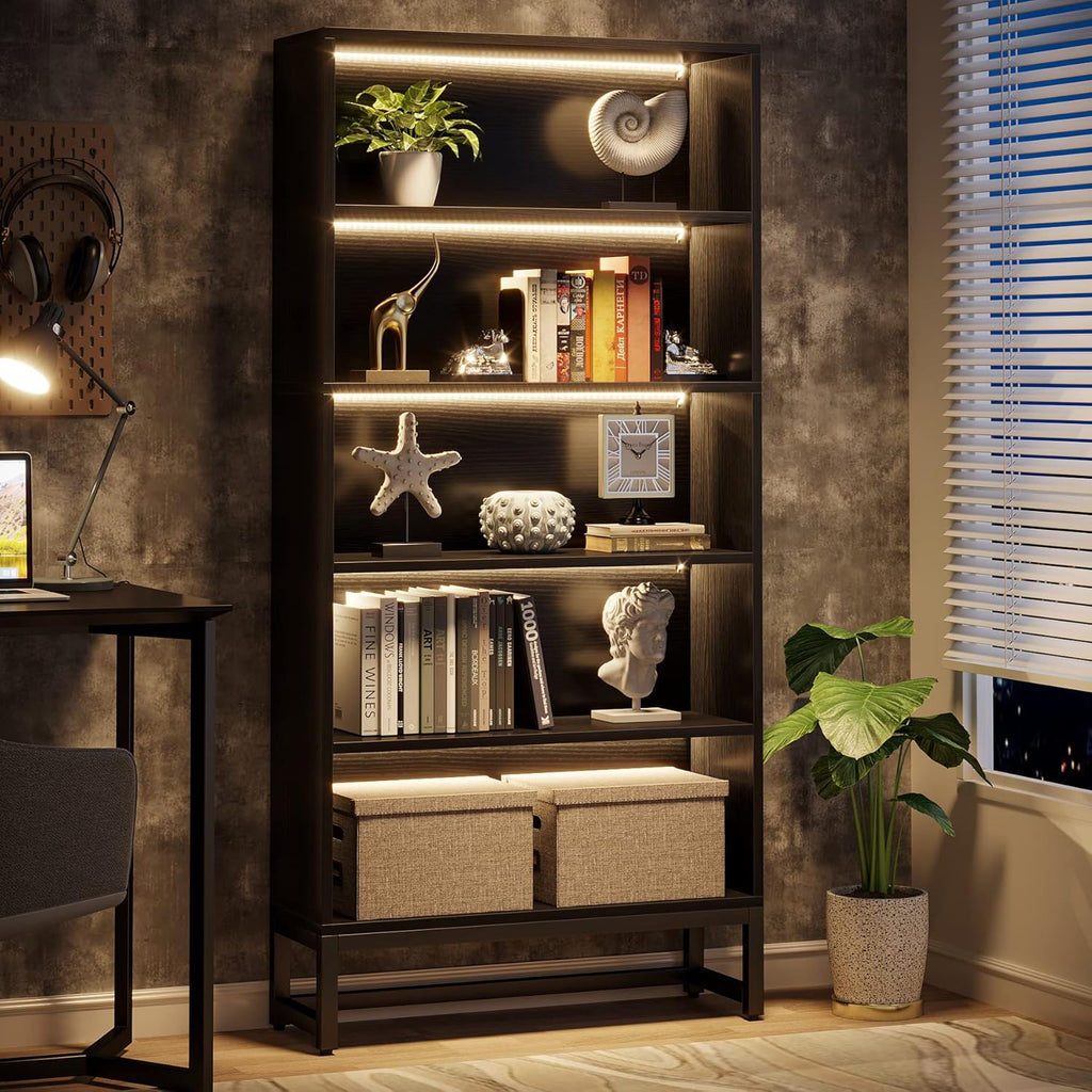 Tribesigns Tall Bookcase Black Bookshelf, 70.8' Large Bookcases Organizer with LED Lights, Heavy Duty Free-Standing Library Bookshelf with 5-Tier Storage Shelves for Living Room, Bedroom (Black)