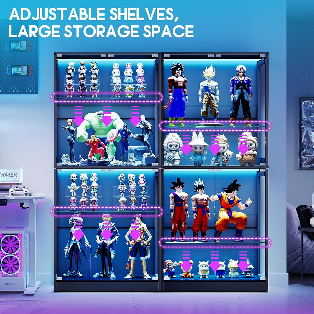 AMERLIFE RGB Display Cabinet with Adjustable Glass Shelves, 4-Tier Storage Case with LED Lights & Press-to-Open Doors, Modern Display Shelf for Collectibles, Black 70' H×32' L×16' D