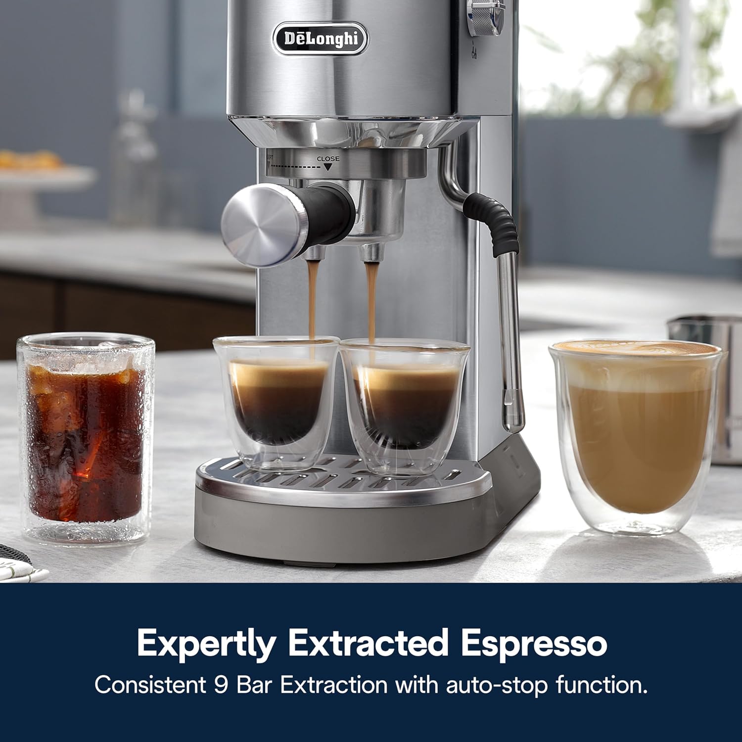 De'Longhi Dedica Duo Compact Espresso Machine - Cold Brew Coffee Maker with Milk Frother Wand- for Espresso, Hot & Iced Coffee, Cappuccinos, Lattes & Home Barista Brewing, Stainless Steel Finish
